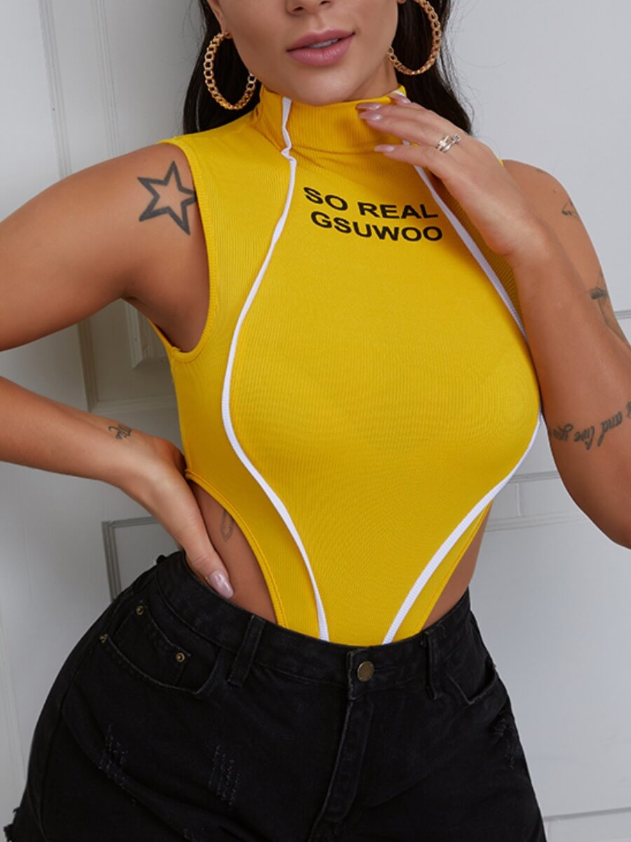 

Lovely Casual Half A Turtleneck Letter Print Striped Yellow Bodysuit