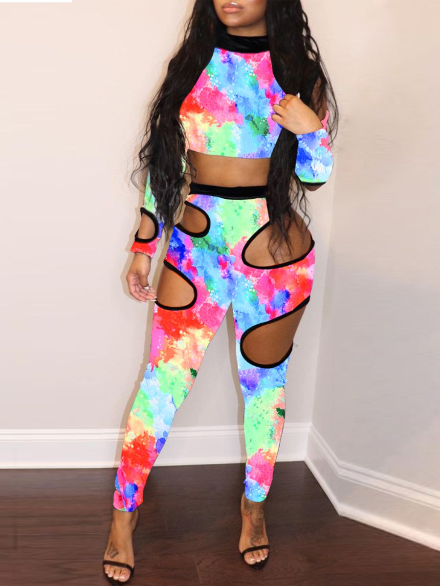 

Lovely Sexy Tie Dye Hollow-out Patchwork Red Two Piece Pants Set