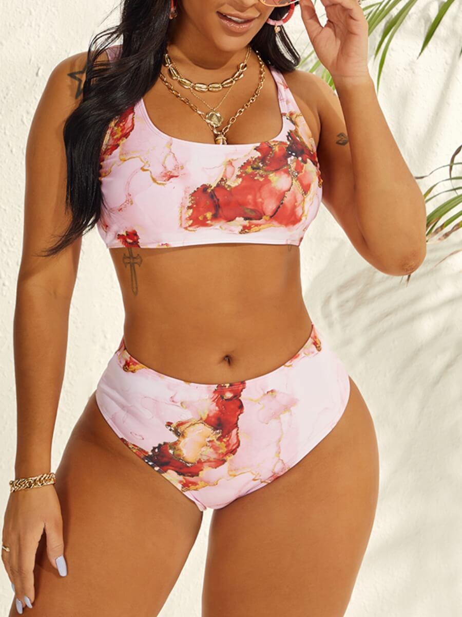 

Lovely Casual U Neck Tie-dye Pink Tankini