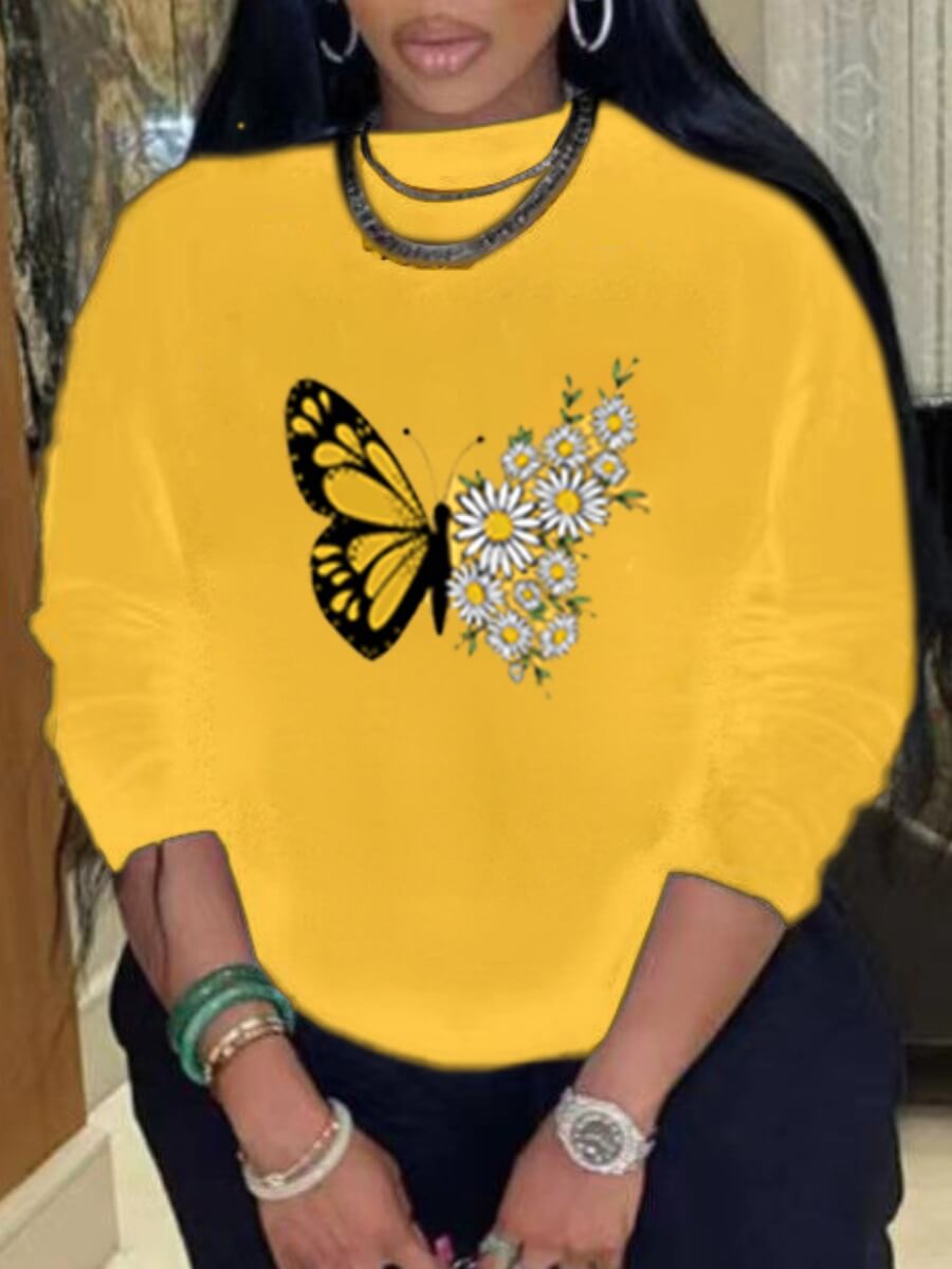 

Lovely Casual O Neck Butterfly Floral Print Yellow Hoodie