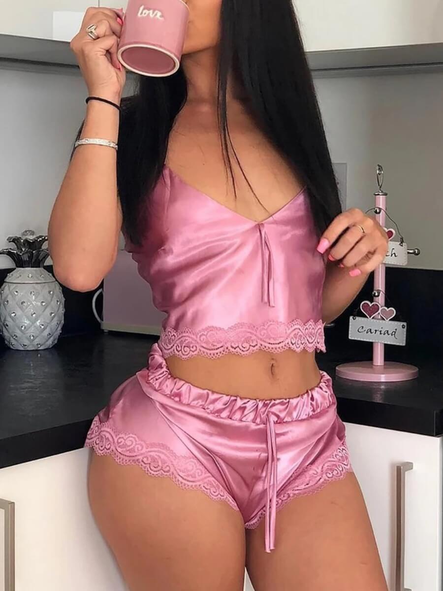 

Lovely Sexy Lace Patchwork Pink Sleepwear