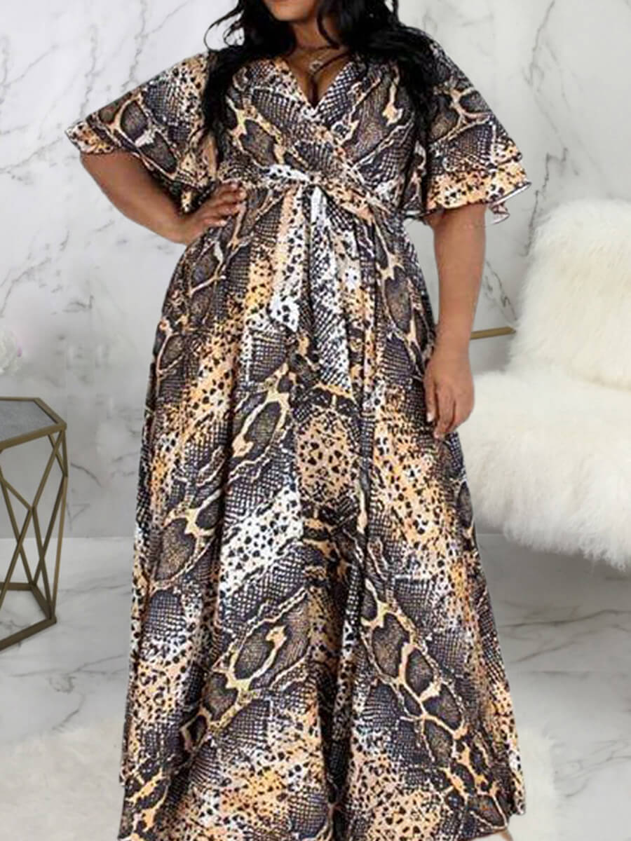 

Lovely Party V Neck Cobra Print Floor Length A Line Plus Size Dress