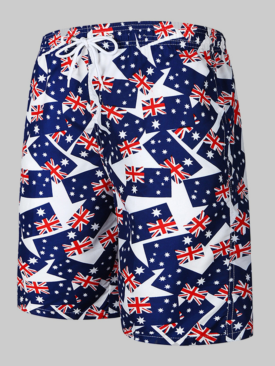 

Lovely Men Casual Flag Print Drawstring Navy Blue Shorts
