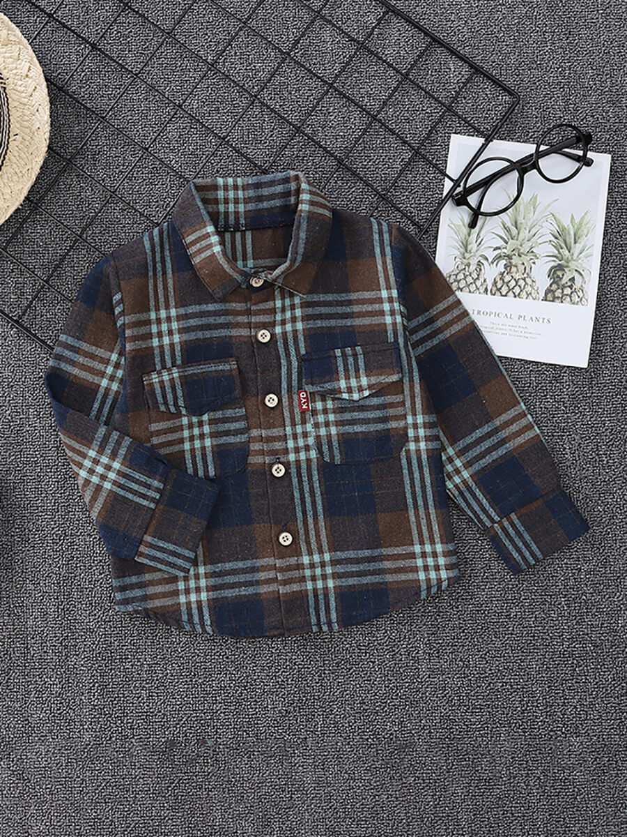 

Lovely Casual Plaid Print Pocket Design Dark Blue Boy Shirt
