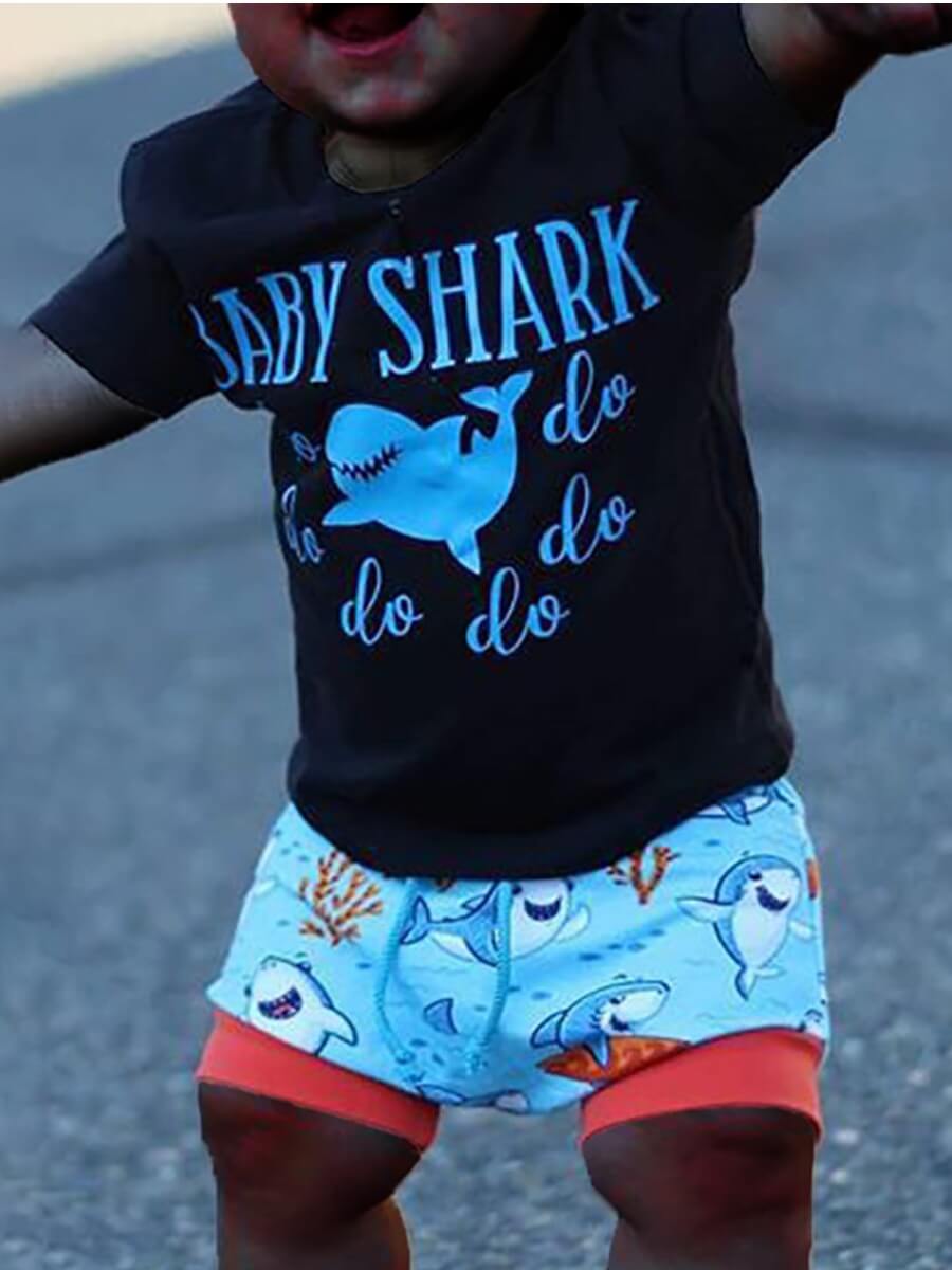 

Lovely Casual Letter Cartoon Print Black Boy Two Piece Shorts Set