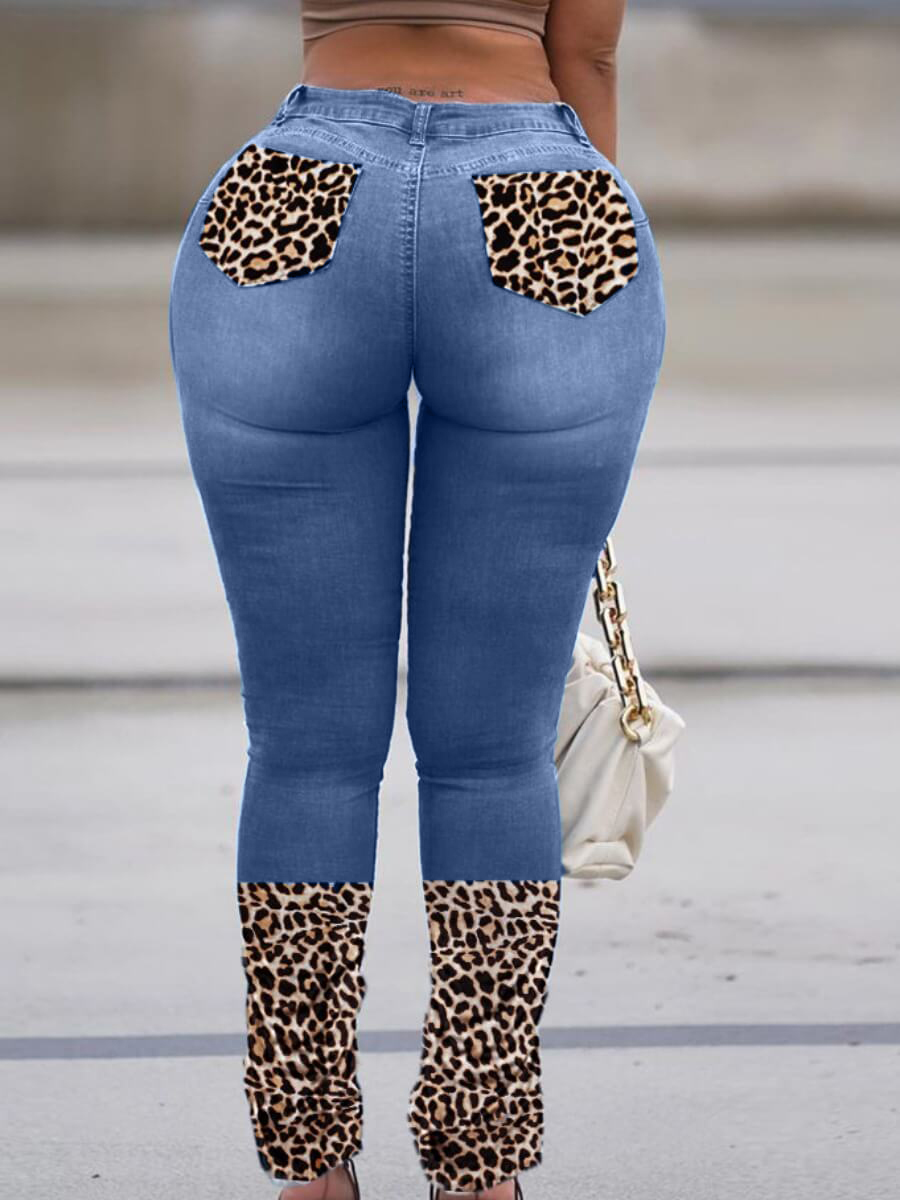 

Lovely Casual High-waisted Leopard Print Patchwork Blue Plus Size Jeans