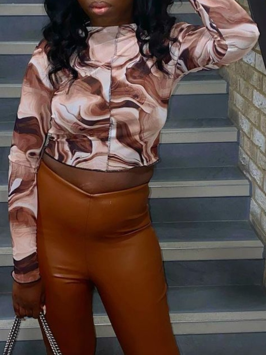 

LW Round Neck Tie Dye Crop Top Skinny T-shirt, Brown