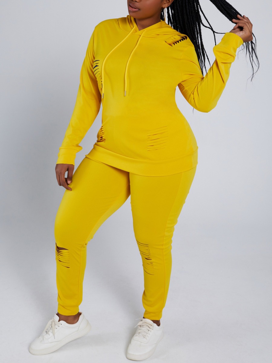 

Lovely Casual Broken Holes Drawstring Light Yellow Plus Size Two-piece Pants Set
