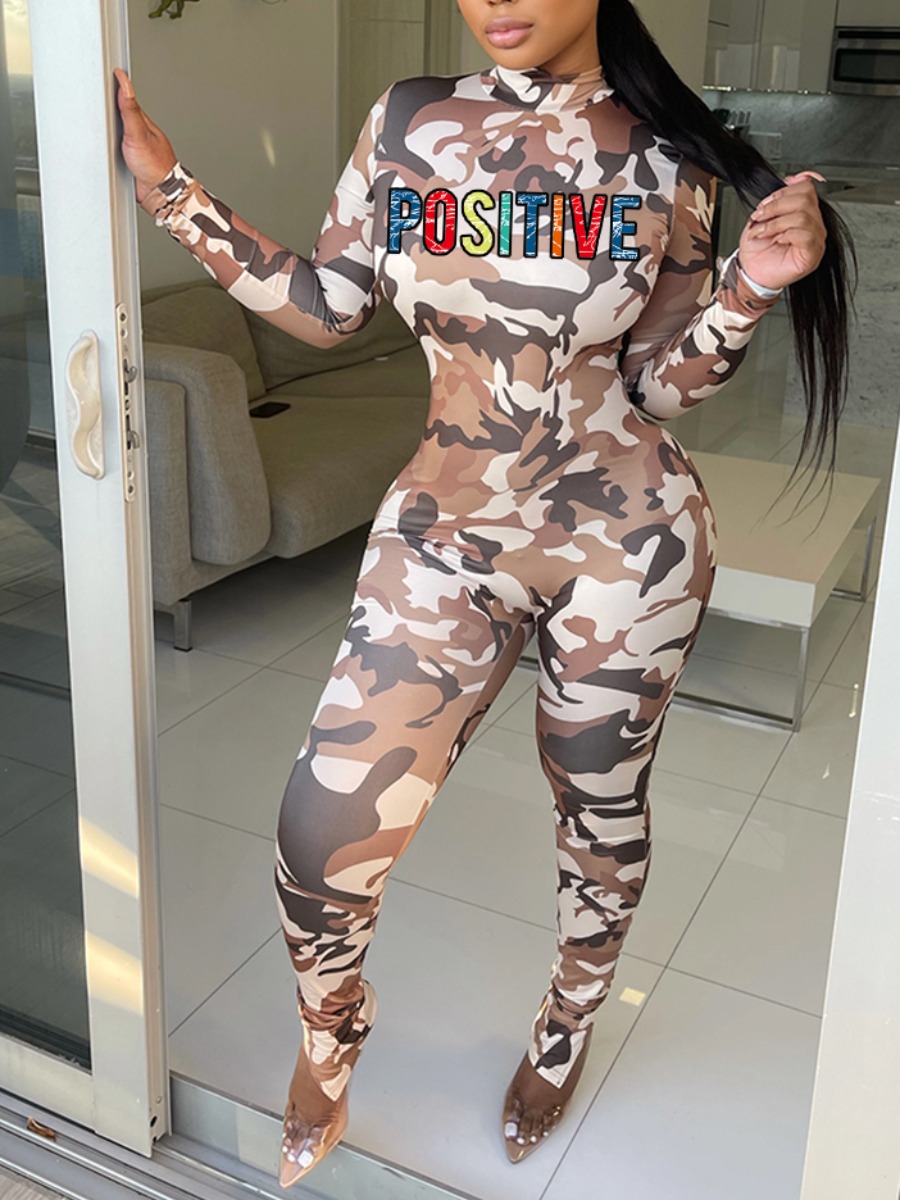 

LW Trendy Letter Camo Print Brown One-piece Jumpsuit