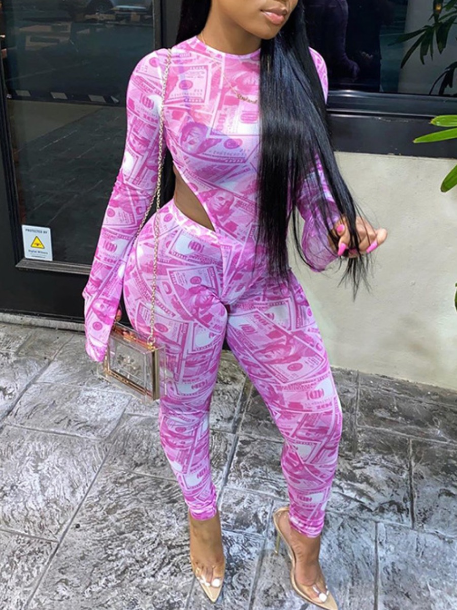 

Lovely Sexy O Neck Money Print Skinny Pink Two Piece Pants Set