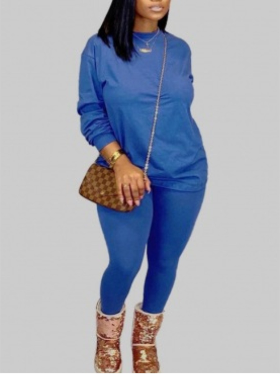 

LW BASICS Plus Size Casual O Neck Elastic Blue Two-piece Pants Set