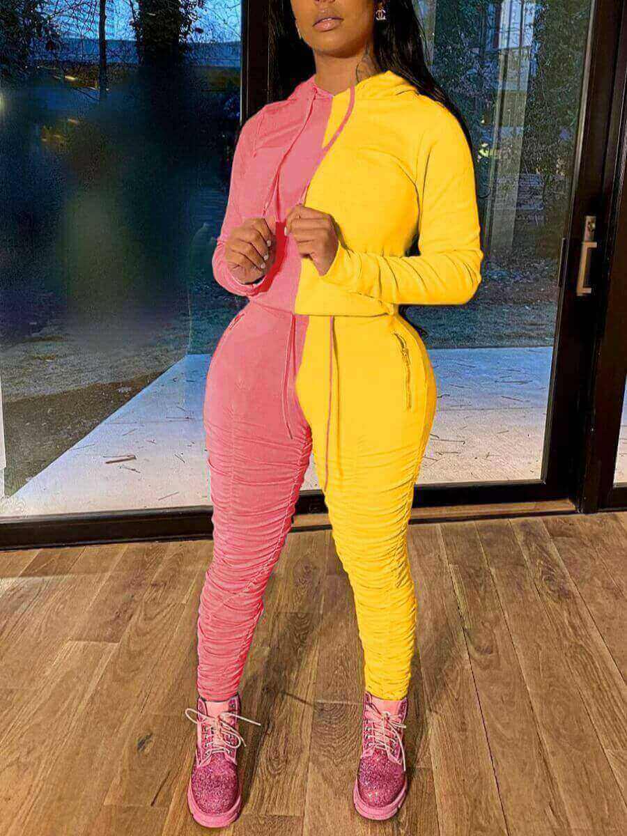 

LW Ruched Color-lump Patchwork Tracksuit Set, Pink