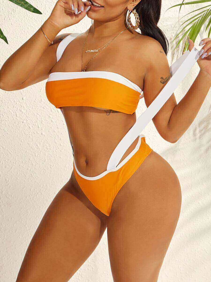 

Lovely Casual Spaghetti Strap Patchwork Orange Two-piece Swimsuit