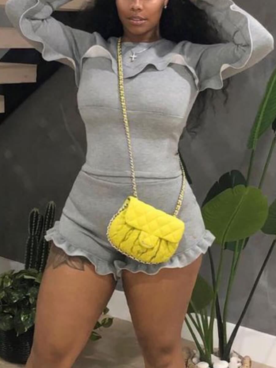 

Lovely Casual O Neck Flounce Design Grey Two Piece Shorts Set