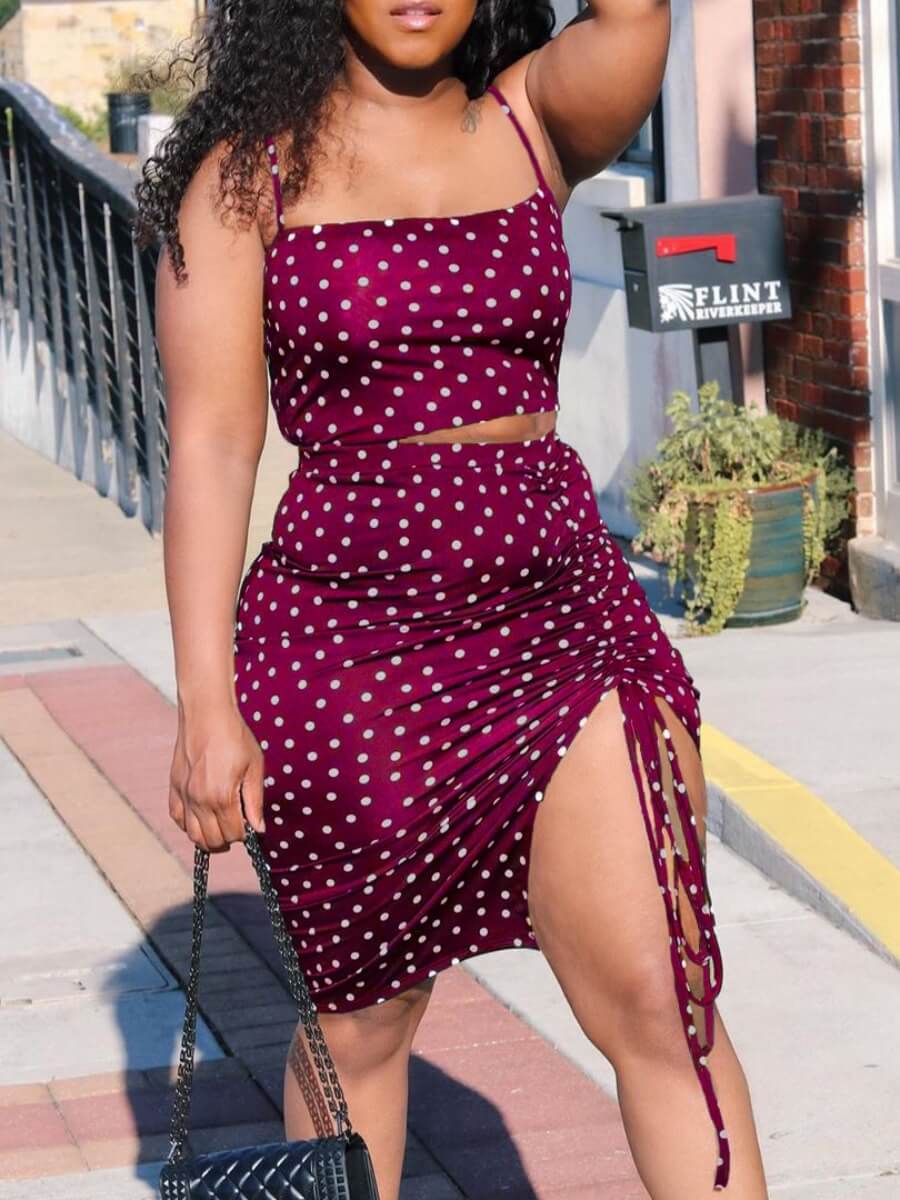 

Lovely Sexy Dot Print Drawstring Ruched Purplish Red Two Piece Skirt Set