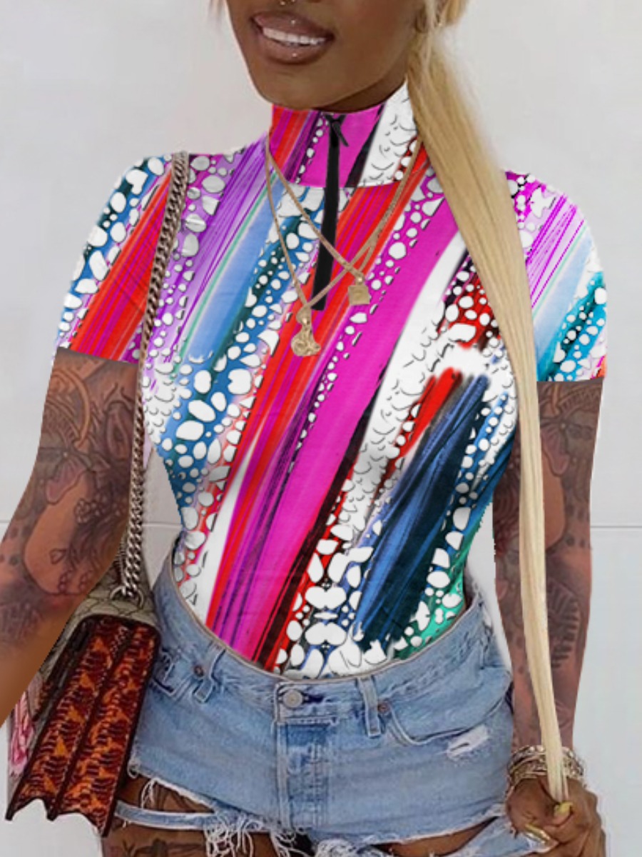 

LW Casual Mandarin Collar Print Patchwork Pink T-shirt