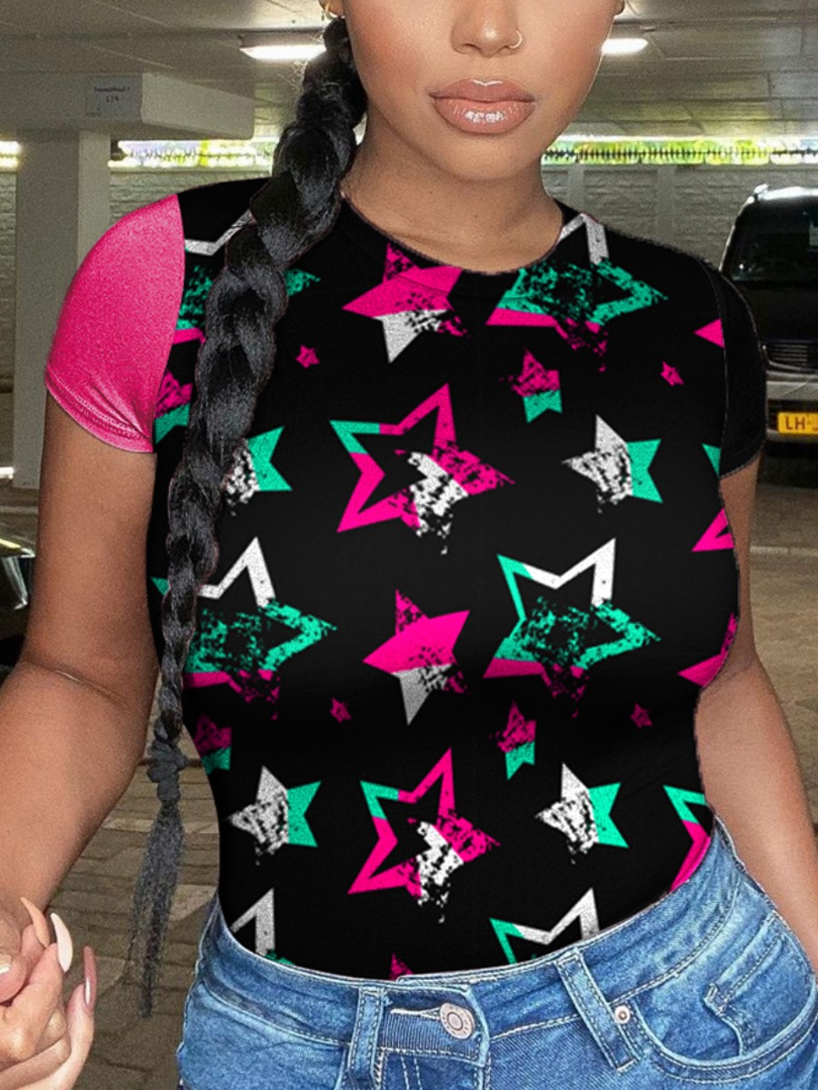 

LW BASICS Casual Star Print Patchwork Black T-shirt