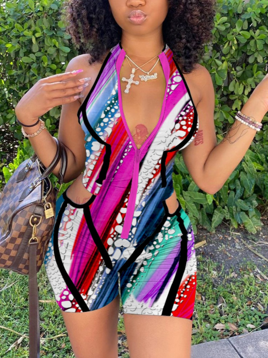

Lovely Sportswear Hollow-out Print Patchwork Pink One-piece Romper