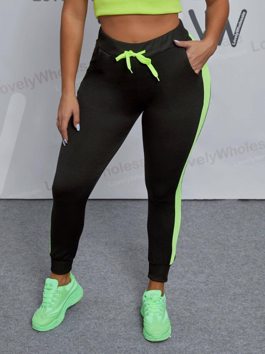 

Lovely Sportswear Patchwork Drawstring Green Pants