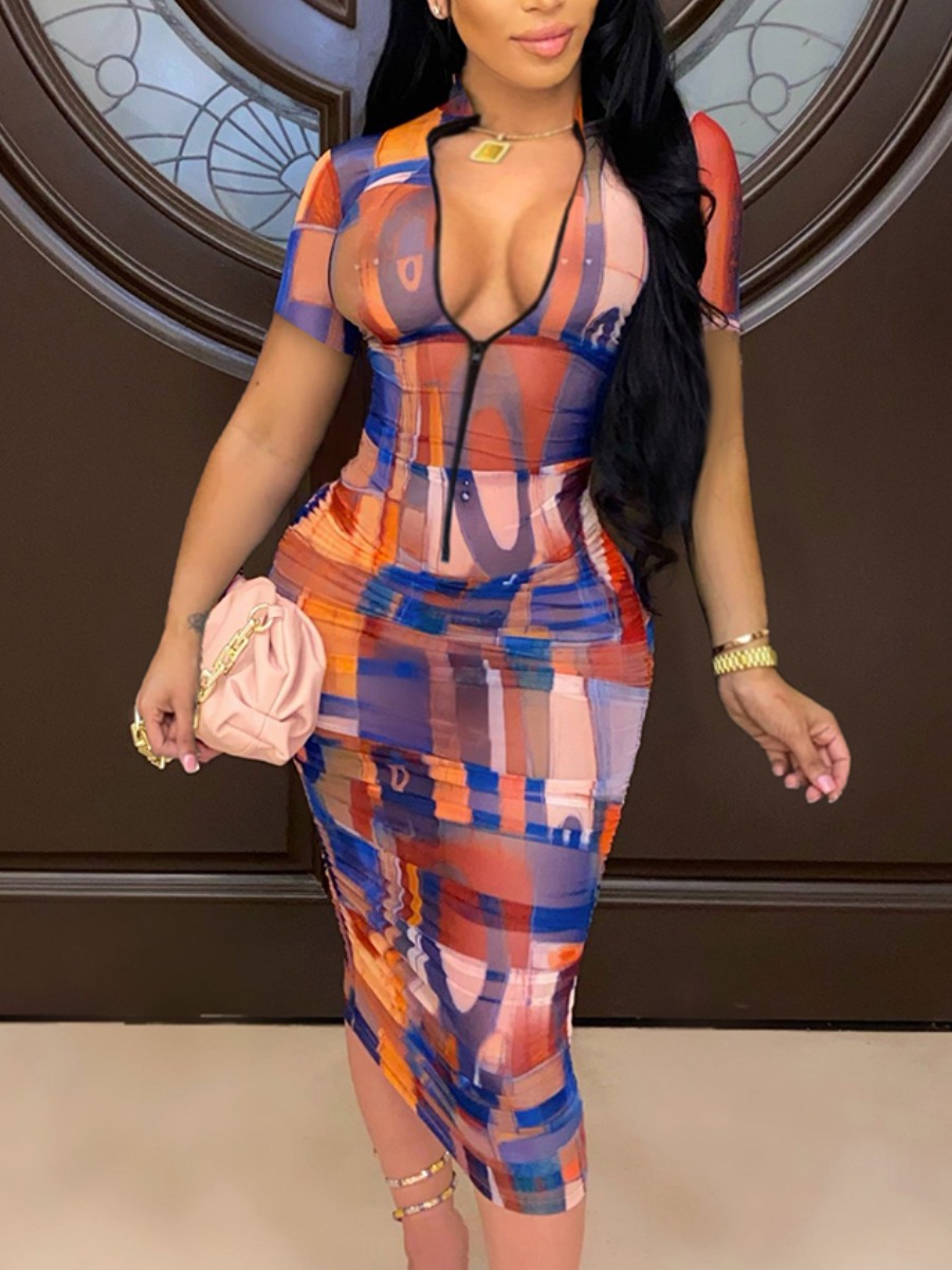 LW Mixed Print Zipper Design Bodycon Dress