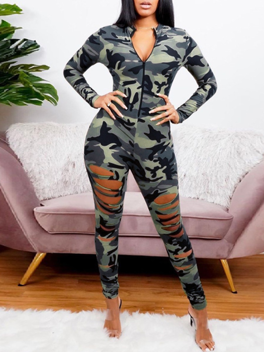 

Lovely Street Camo Print Broken Holes One-piece Jumpsuit