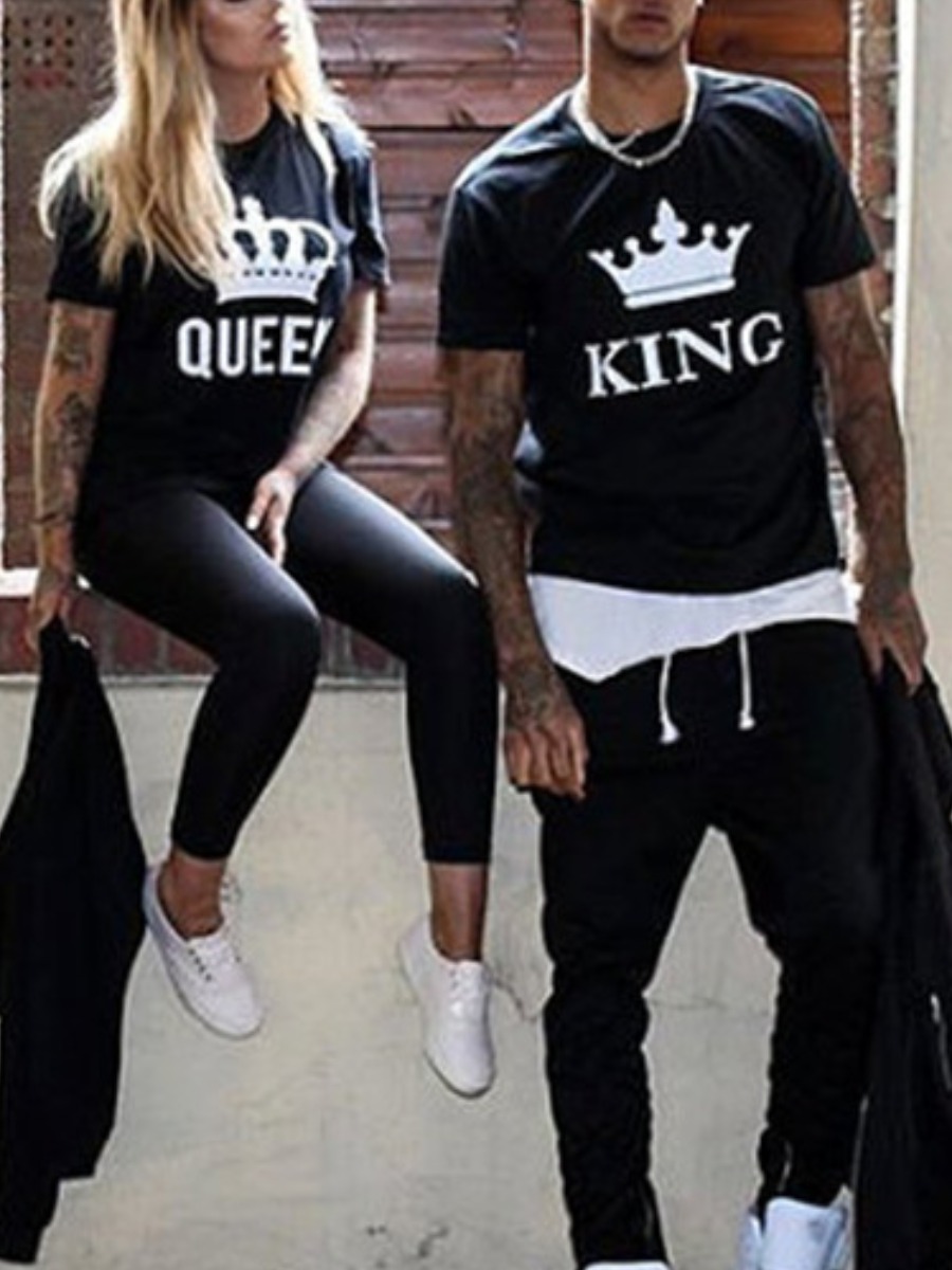 

Lovely Casual O Neck Crown Letter Print Black T-shirt