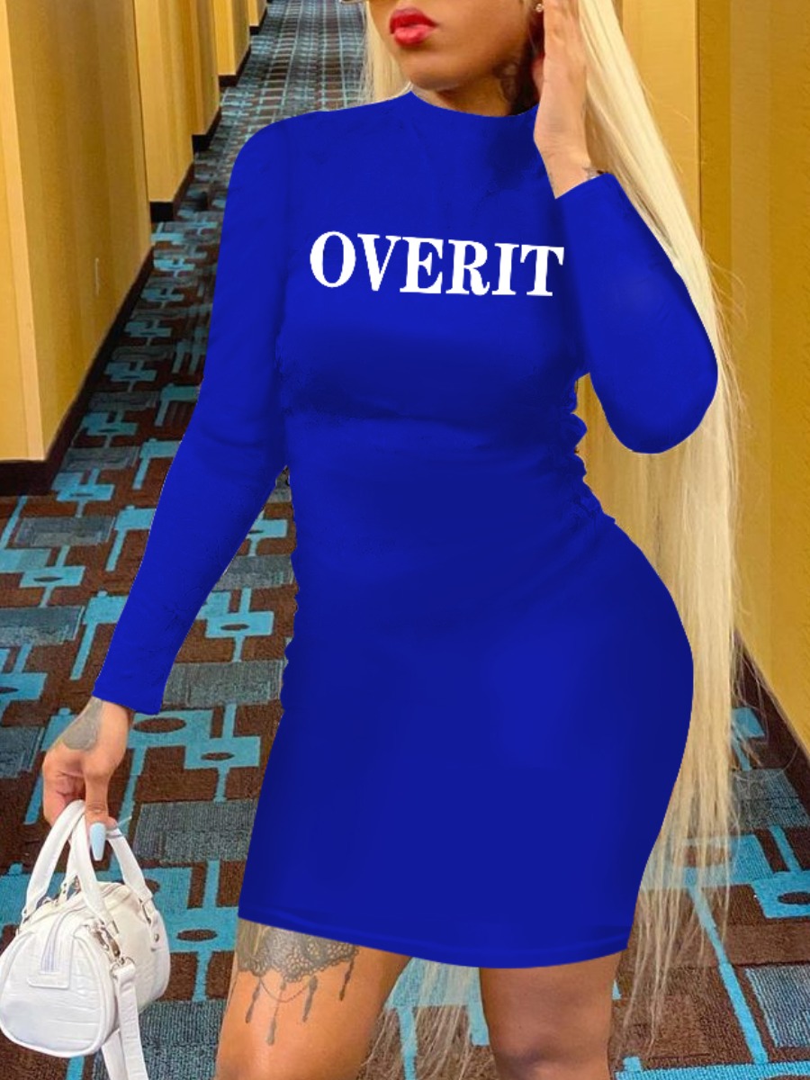 

Lovely Casual O Neck Letter Print Blue Knee Length Dress