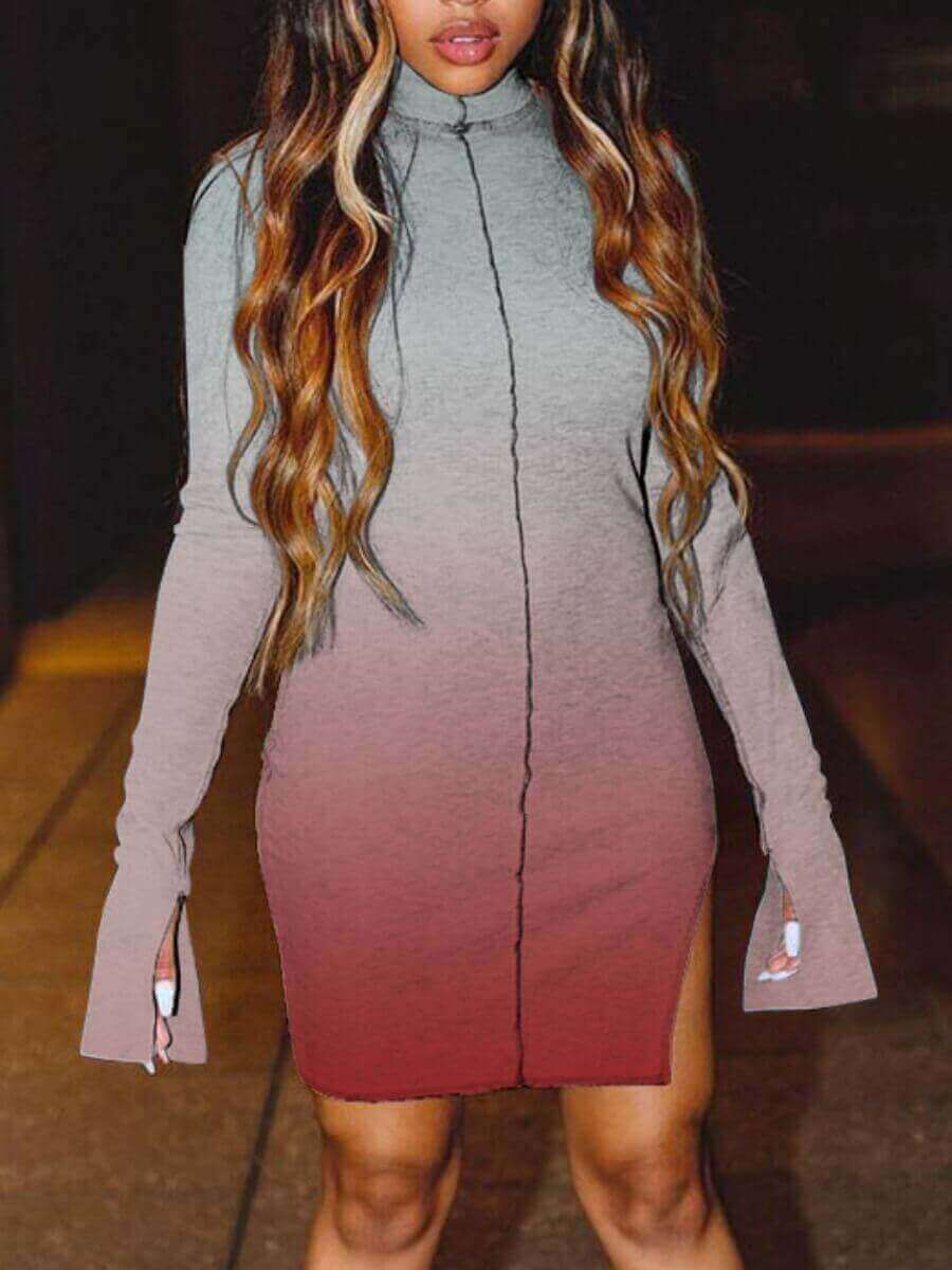 

Lovely Street Turtleneck Gradient Split Grey Mini Dress