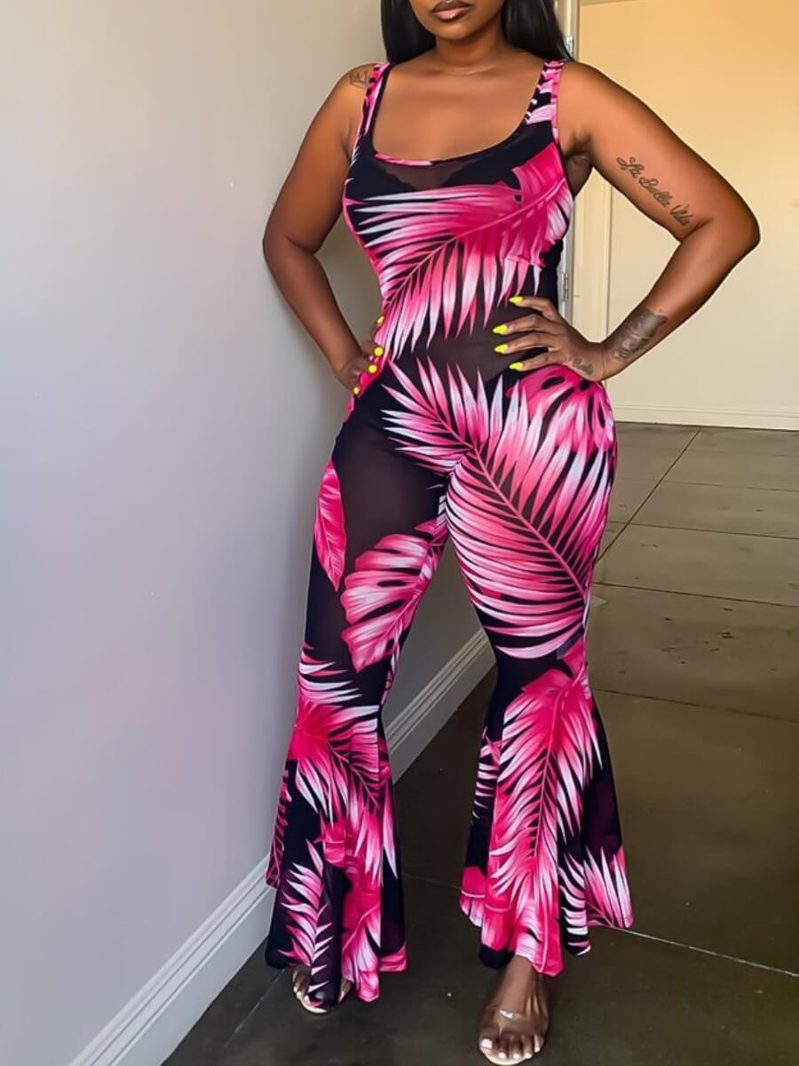 

Lovely Chic U Neck Leaf Print Rose Red One-piece Jumpsuit