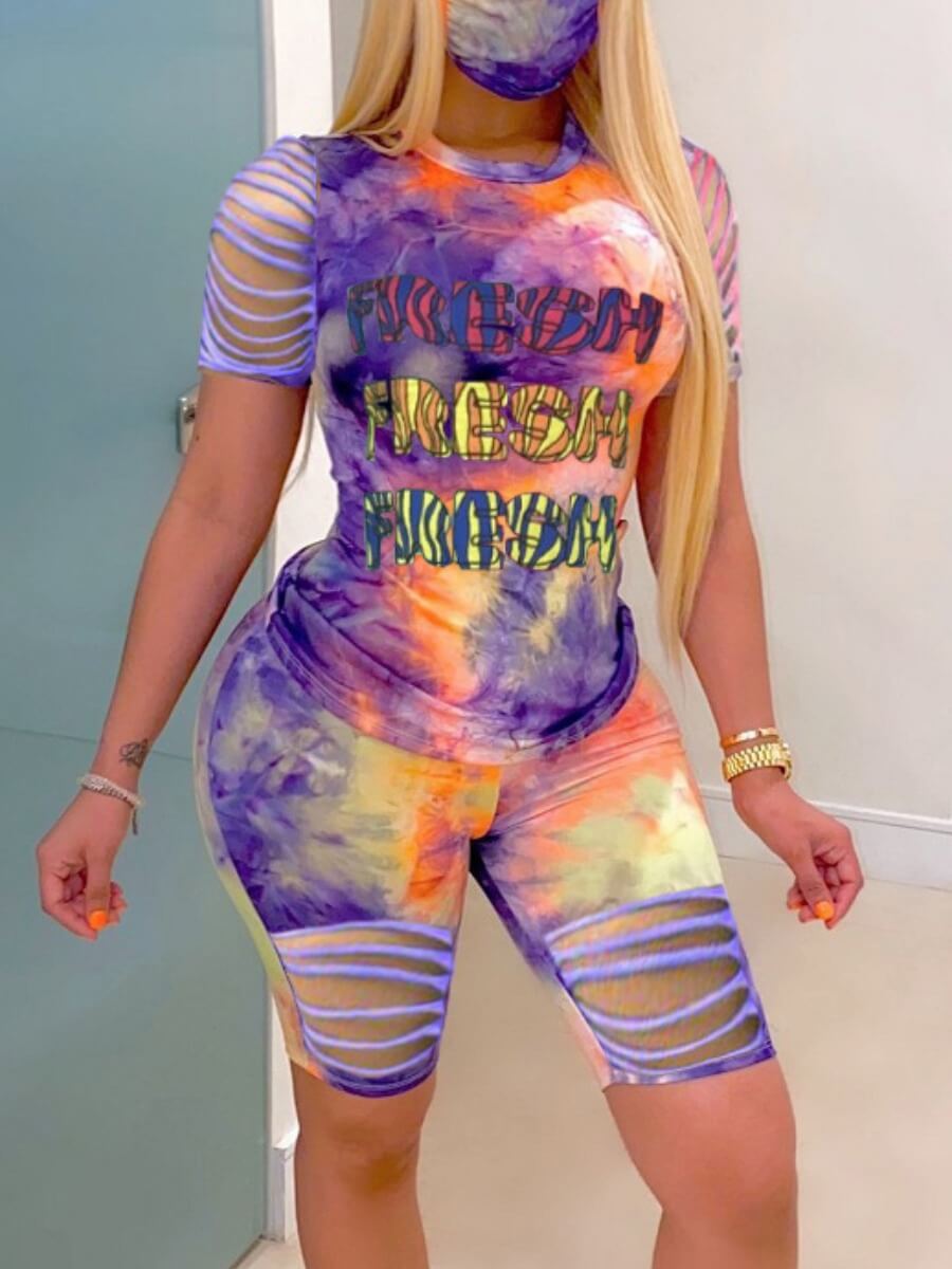 

Lovely Casual Broken Holes Tie-dye Purple Plus Size Two-piece Shorts Set