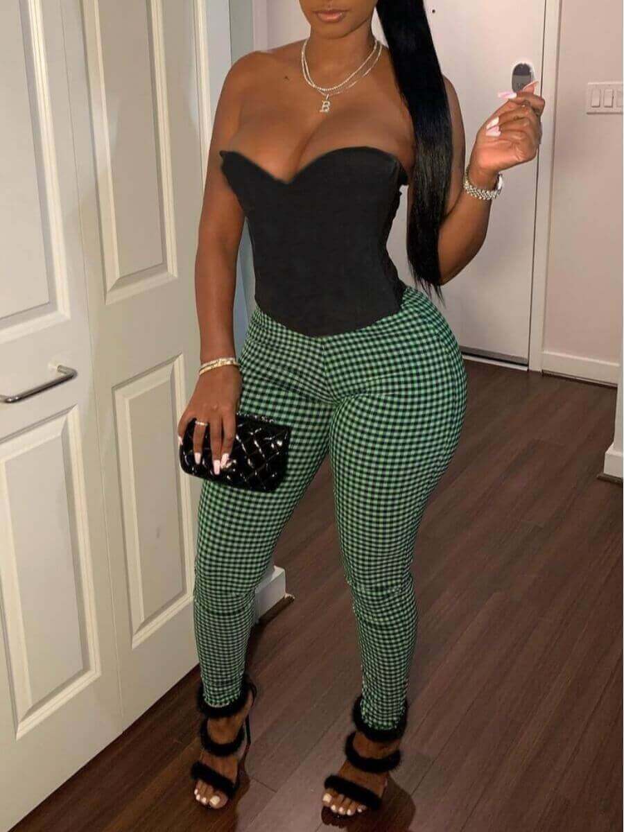 

LW SXY Off The Shoulder Plaid Print Pants Set, Green