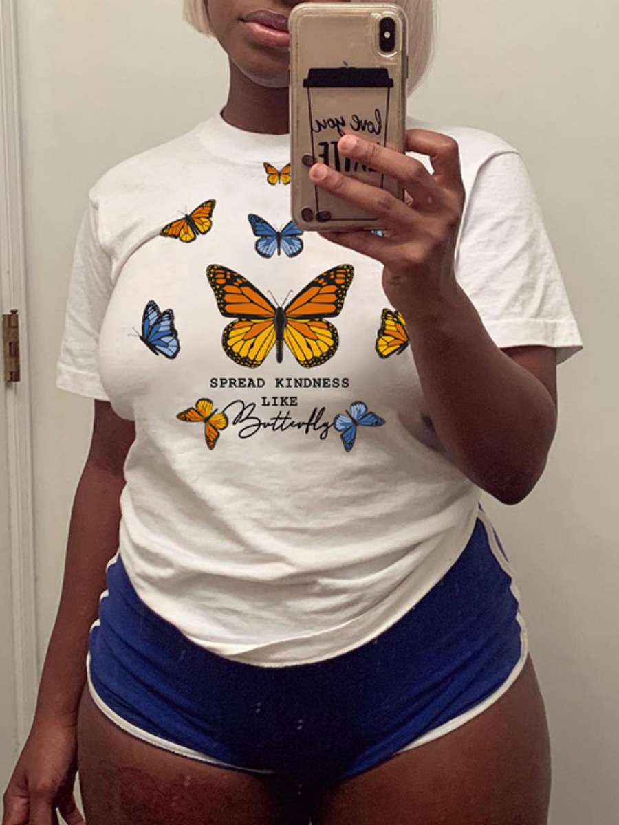 

Lovely Casual O Neck Butterfly Print White T-shirt
