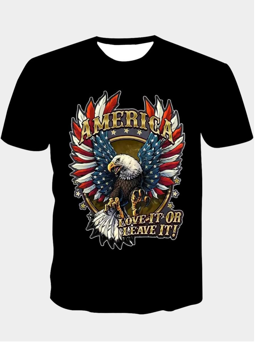 

LW Men Casual O Neck Animal Letter Print Black T-shirt
