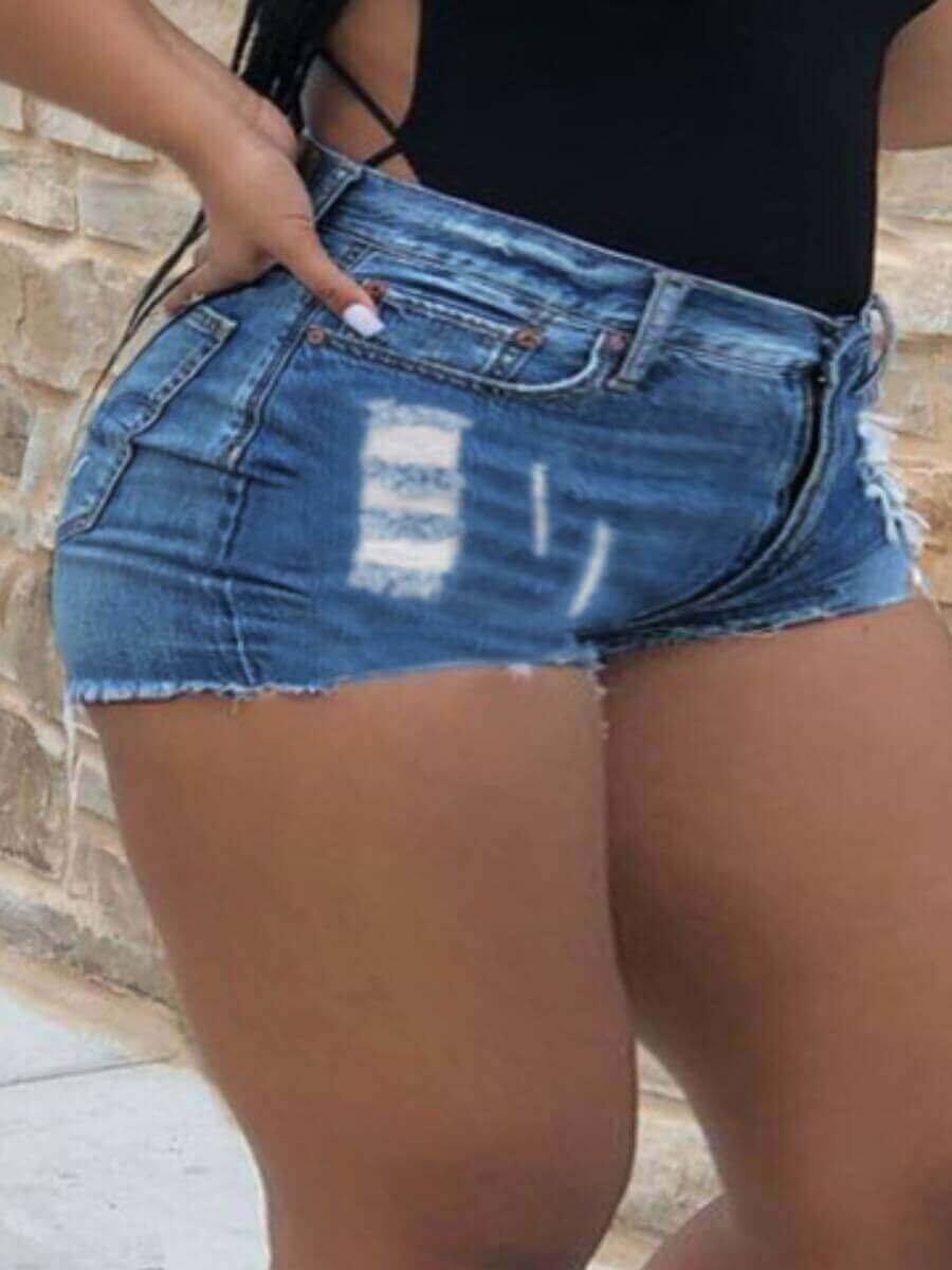 

Lovely Plus Size Casual High-waisted Broken Holes Blue Denim Shorts