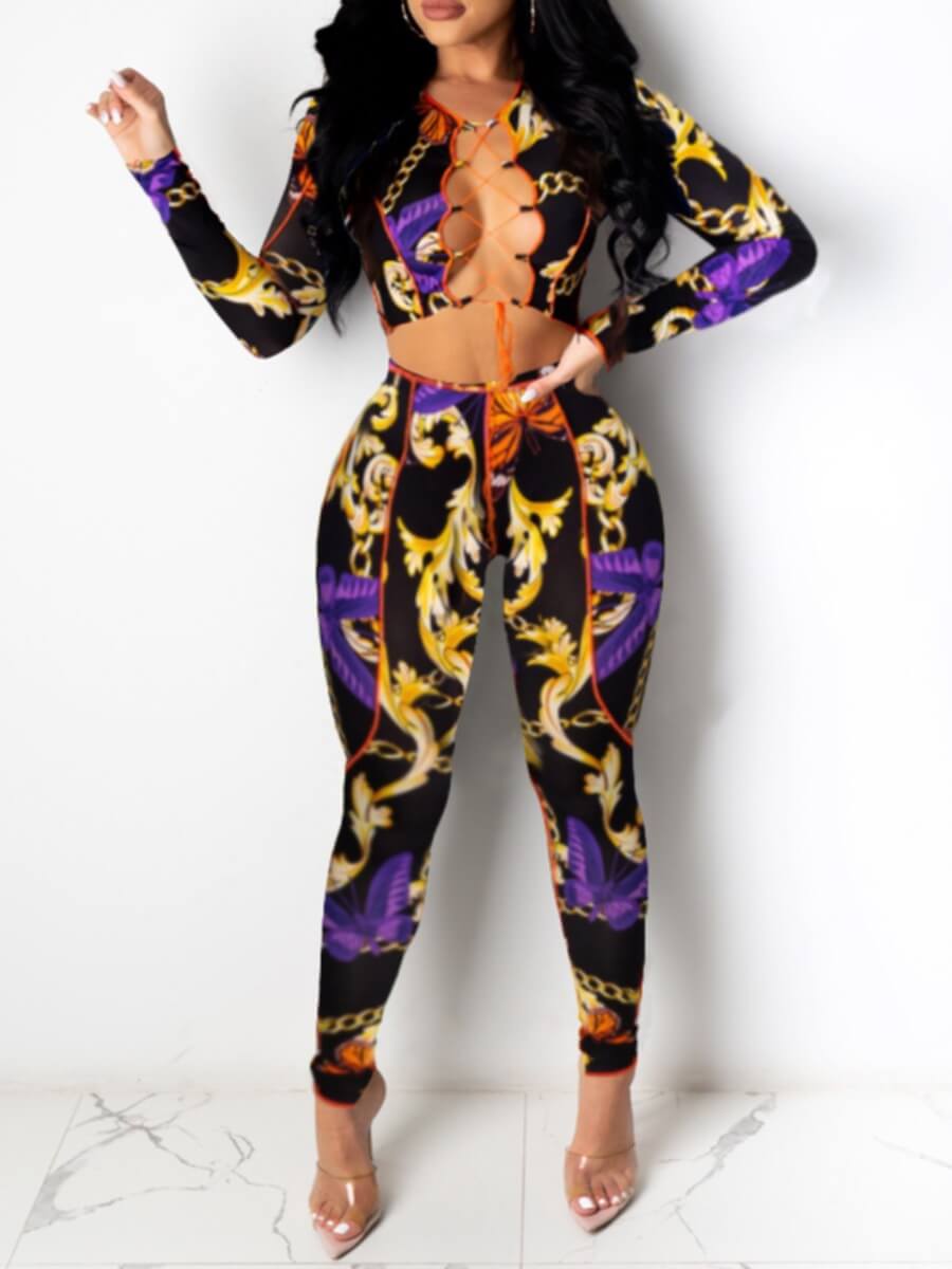 

Lovely Sexy Bandage Hollow-out Design Print Purple Two Piece Pants Set