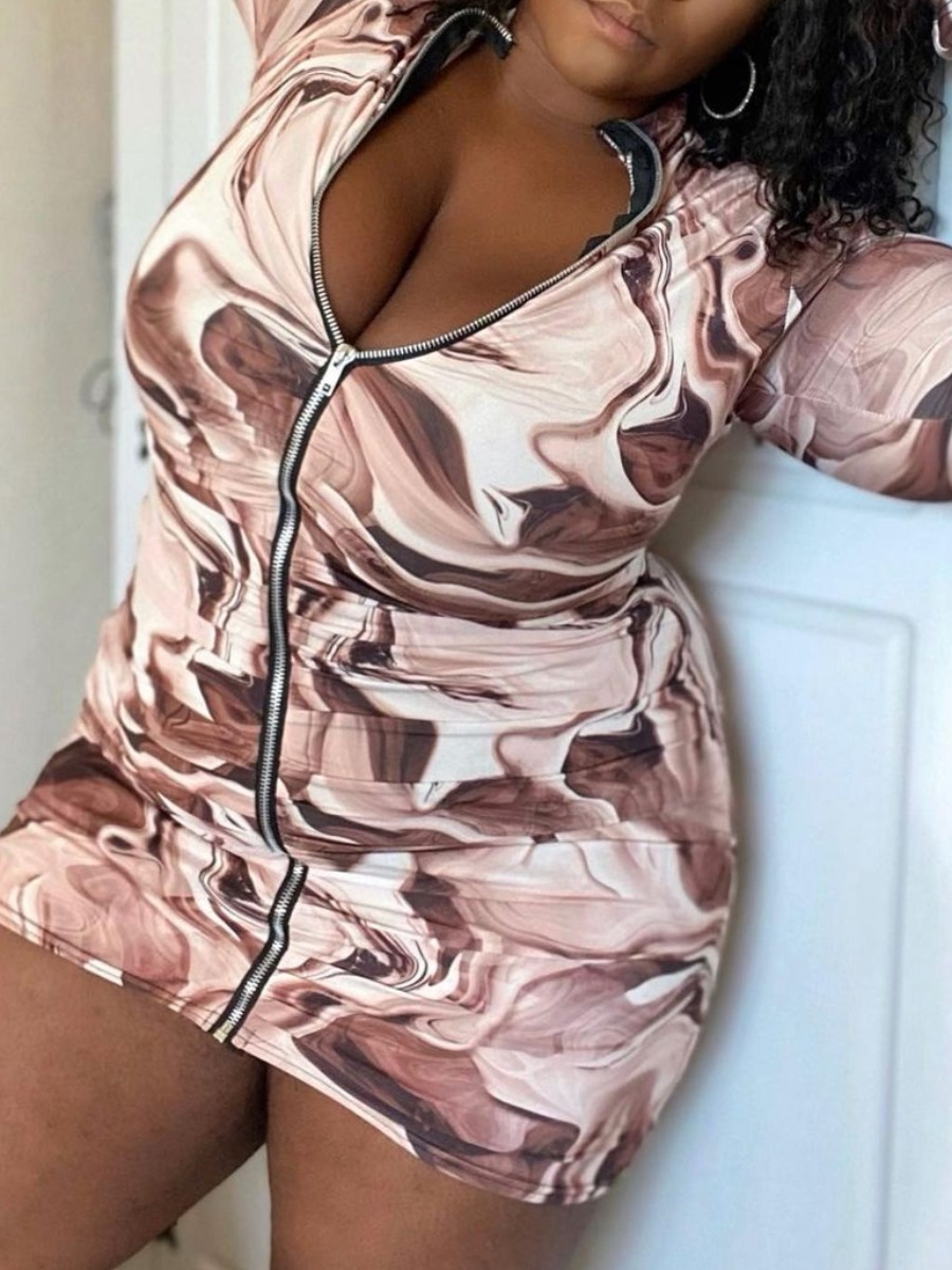 

Lovely Plus Size Casual Marble Print Zipper Design Brown Mini Dress