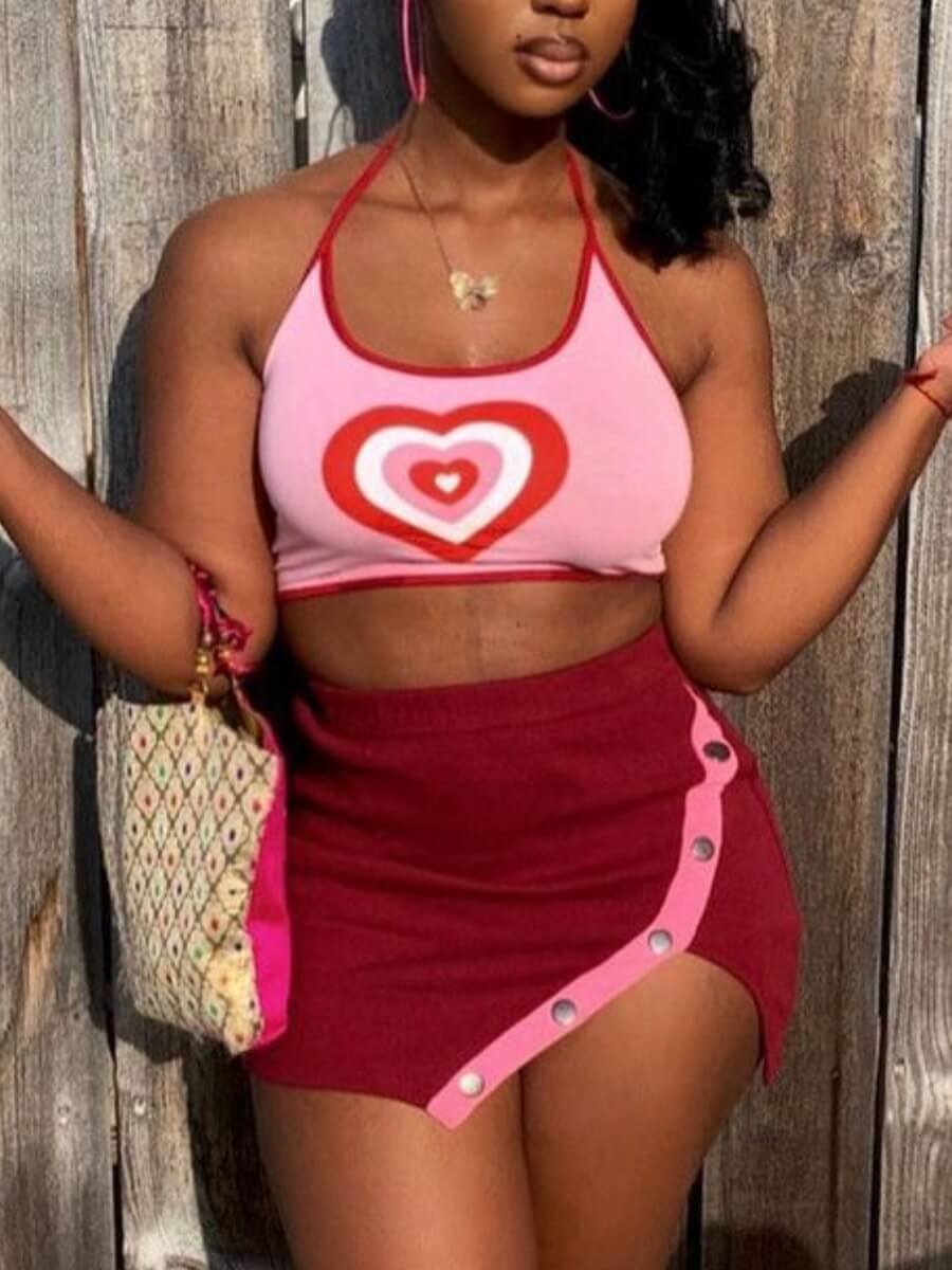 

Lovely Sweet Valentines Day Button Design Red Two Piece Skirt Set