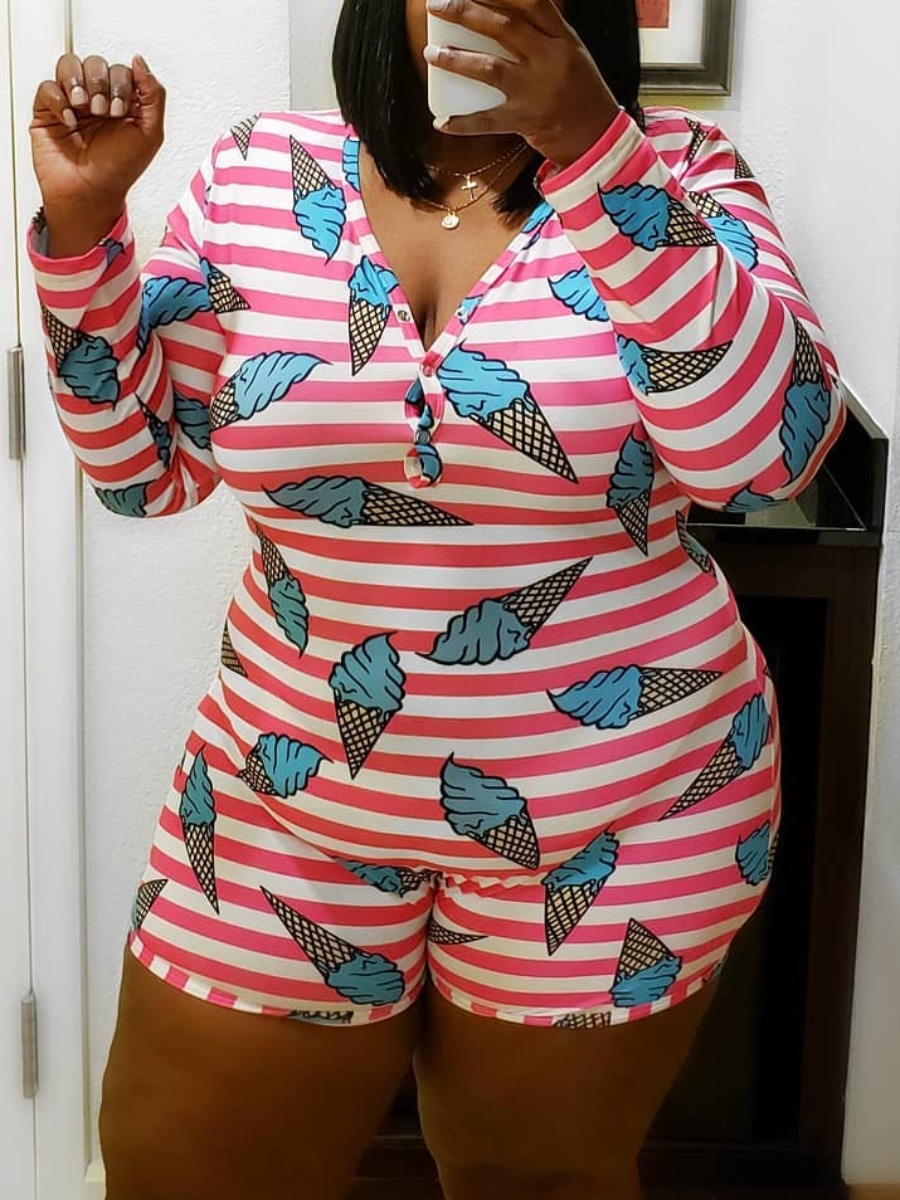 

LW BASICS Plus Size Casual V Neck Striped One-piece Romper, Pink