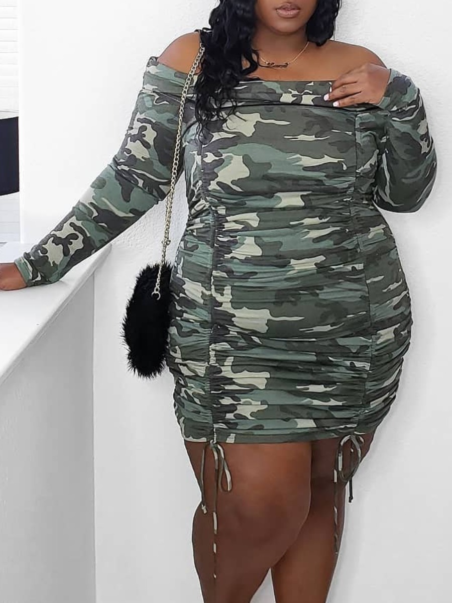 

LW Plus Size Casual Off The Shoulder Camo Print Drawstring Mini Dress, Army green camouflag