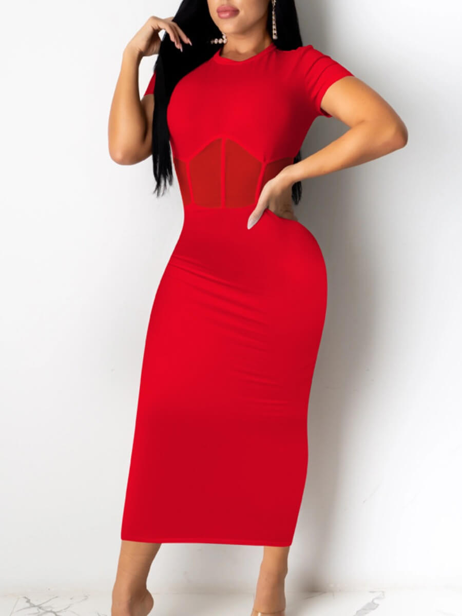 

Lovely Elegant O Neck See-through Patchwork Red Mid Calf Dress