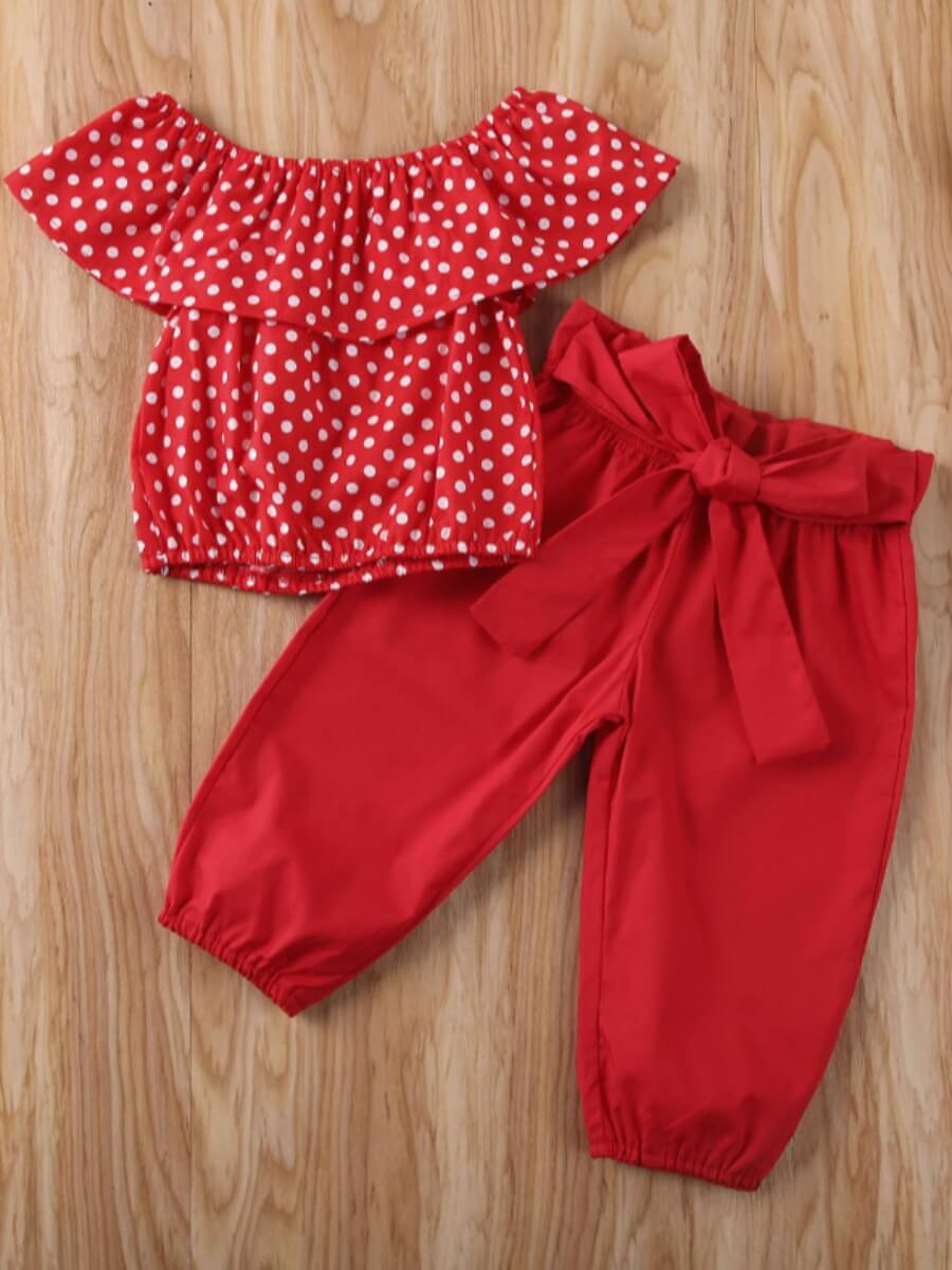 

Lovely Girl Sweet Flounce Design Bow-tie Decoration Red Two Piece Pants Set