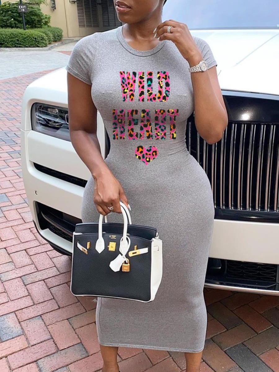 

Lovely Casual Leopard Letter Print Grey Mid Calf Dress