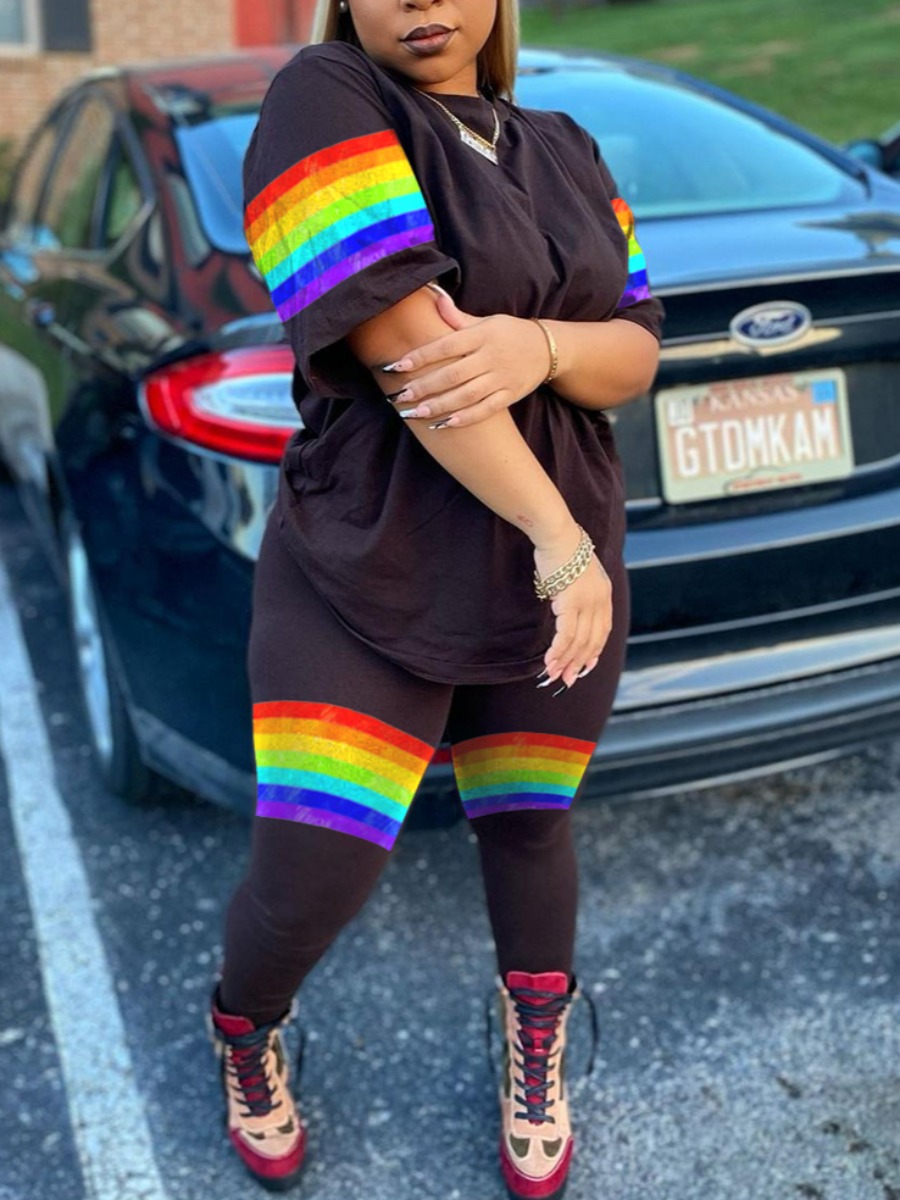 

LW Street O Neck Rainbow Stripe Black Two piece Pants Set