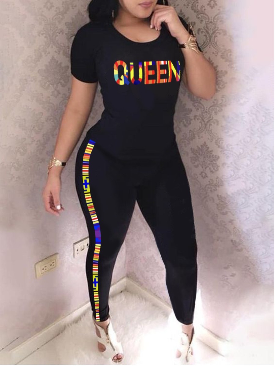 

LW Queen Letter Print Striped Pants Set, Black