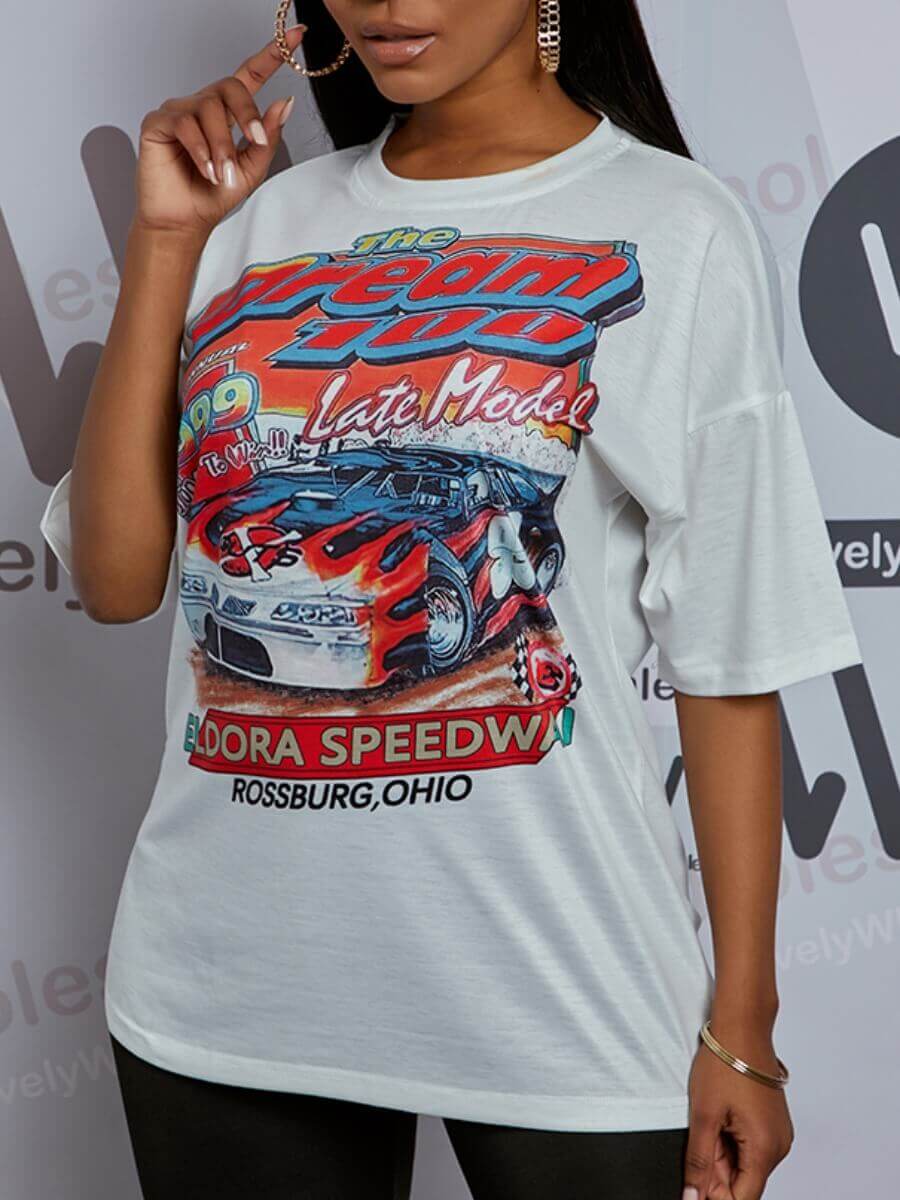 

Lovely Casual O Neck Car Letter Print White T-shirt