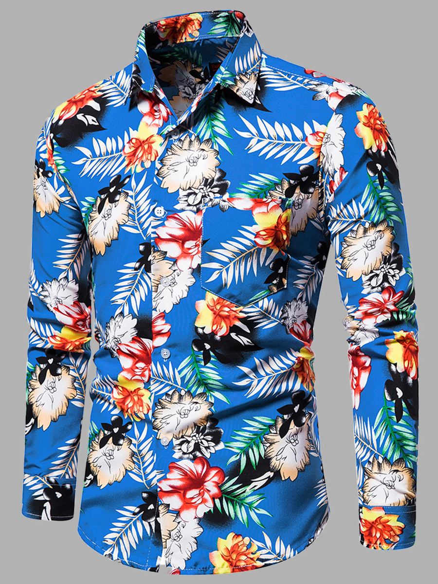 

Lovely Casual Turndown Collar Floral Print Skyblue Men Shirt