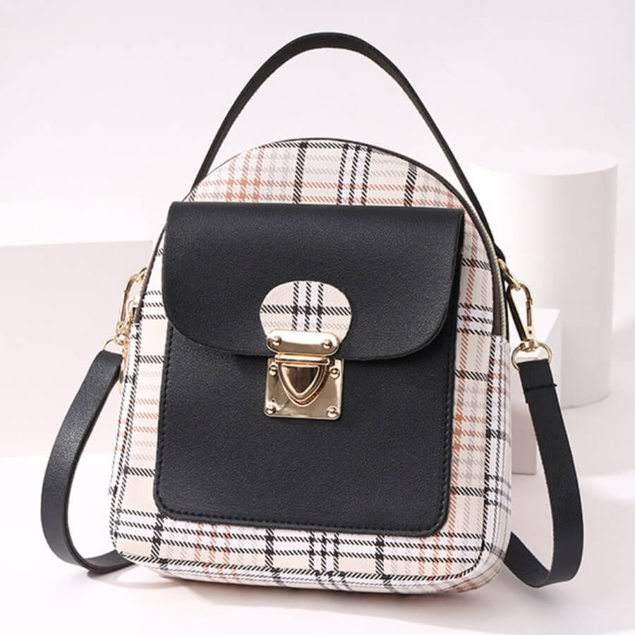 Lovely Casual Plaid Print Patchwork Metal Accessories Decoration Black Crossbody Bag