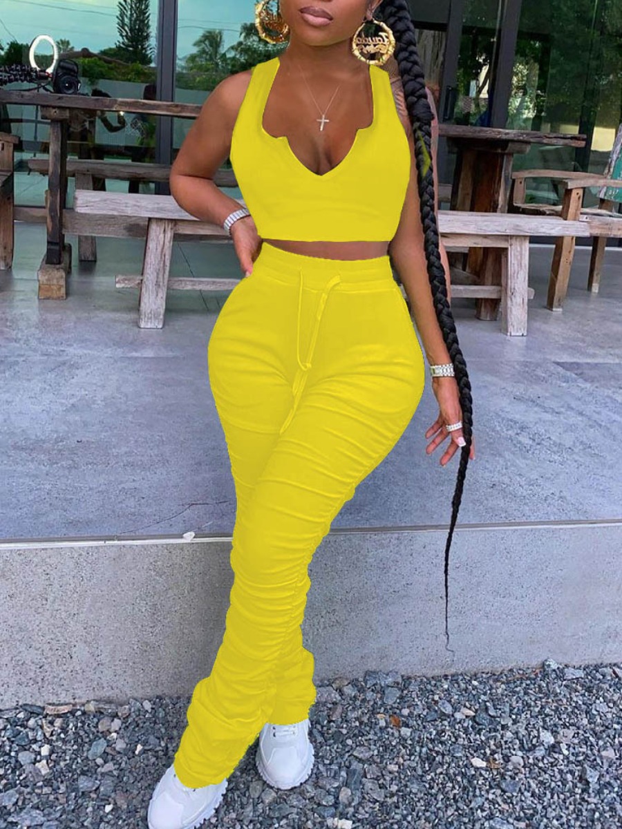 

LW Casual V Neck Fold Design Yellow Two Piece Pants Set