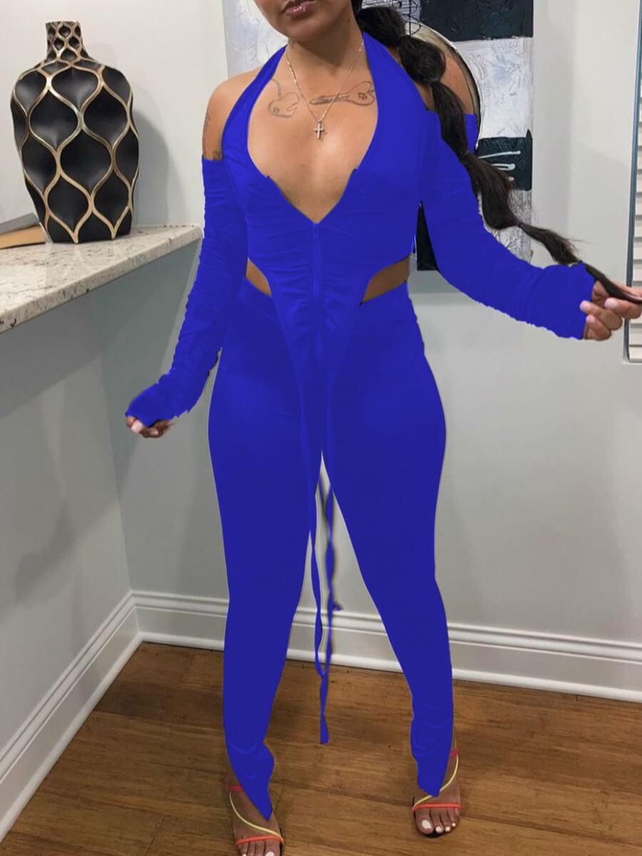 

Lovely Sexy Deep V Neck Hollow-out Asymmetrical Blue Two Piece Pants Set