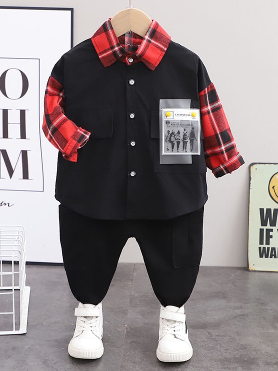 

Lovely Casual Plaid Print Patchwork Red Boy Two Piece Pants Set